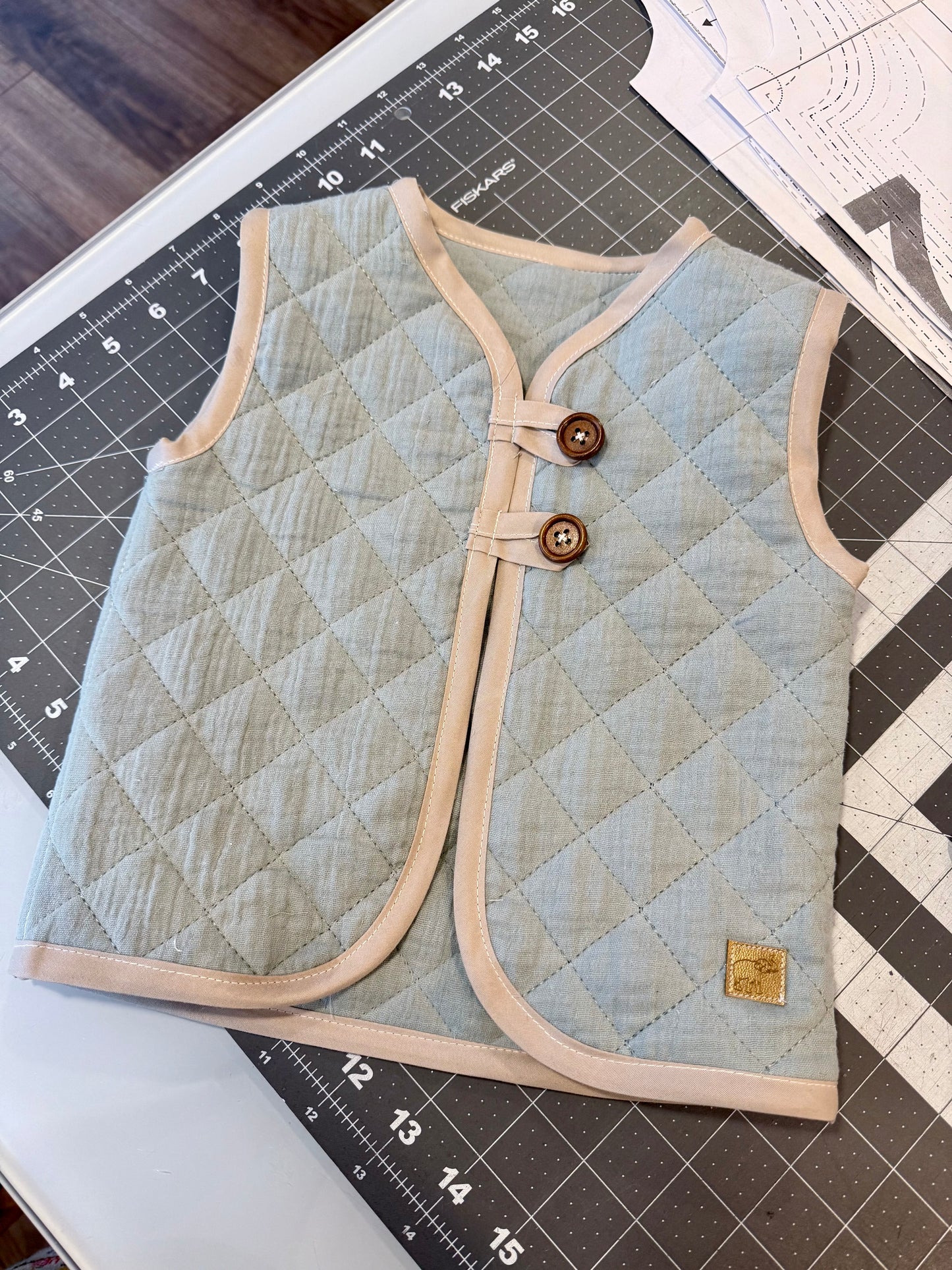 Quilted Button Vest - Aqua