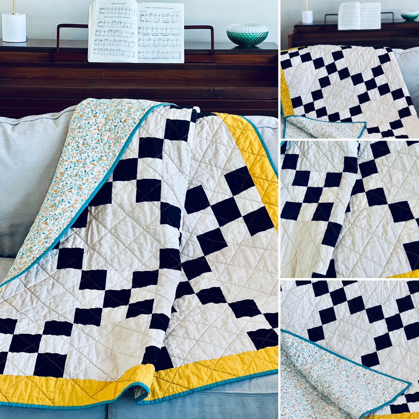 Black and Cream Irish Chain Throw Quilt