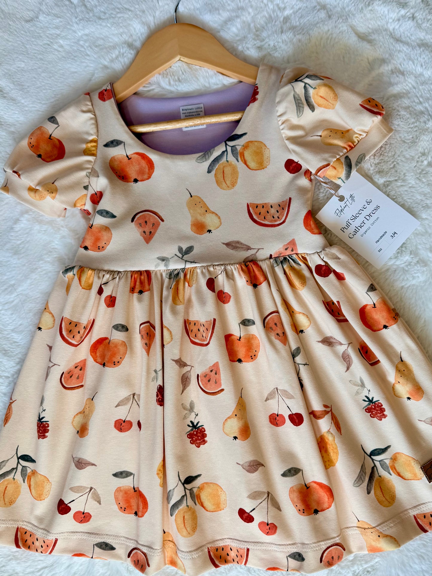 Gathered Puff Sleeve Fruit Dress