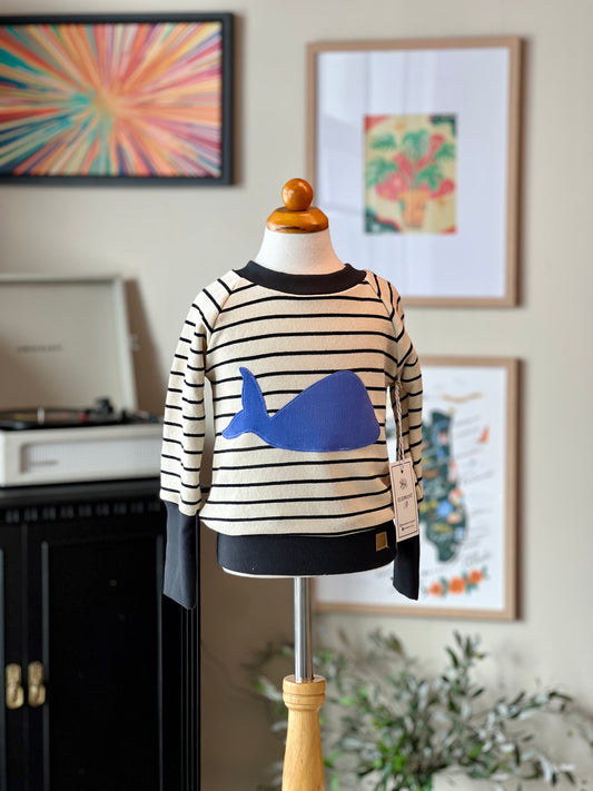Black and white striped GWM pullover with whale appliqué