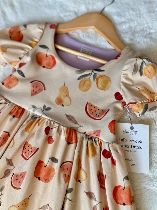 Gathered Puff Sleeve Fruit Dress